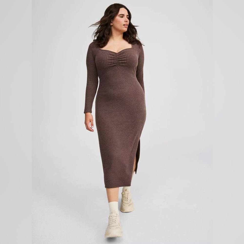 Torrid Brown Long Sleeve Ribbed Dress